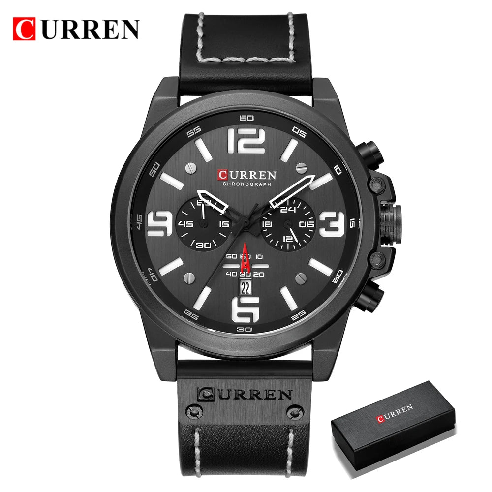 Mens Waterproof Sport Wrist Watch Genuine Leather