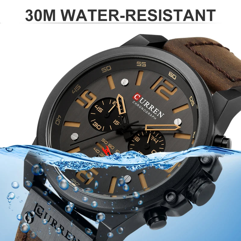 Mens Waterproof Sport Wrist Watch Genuine Leather