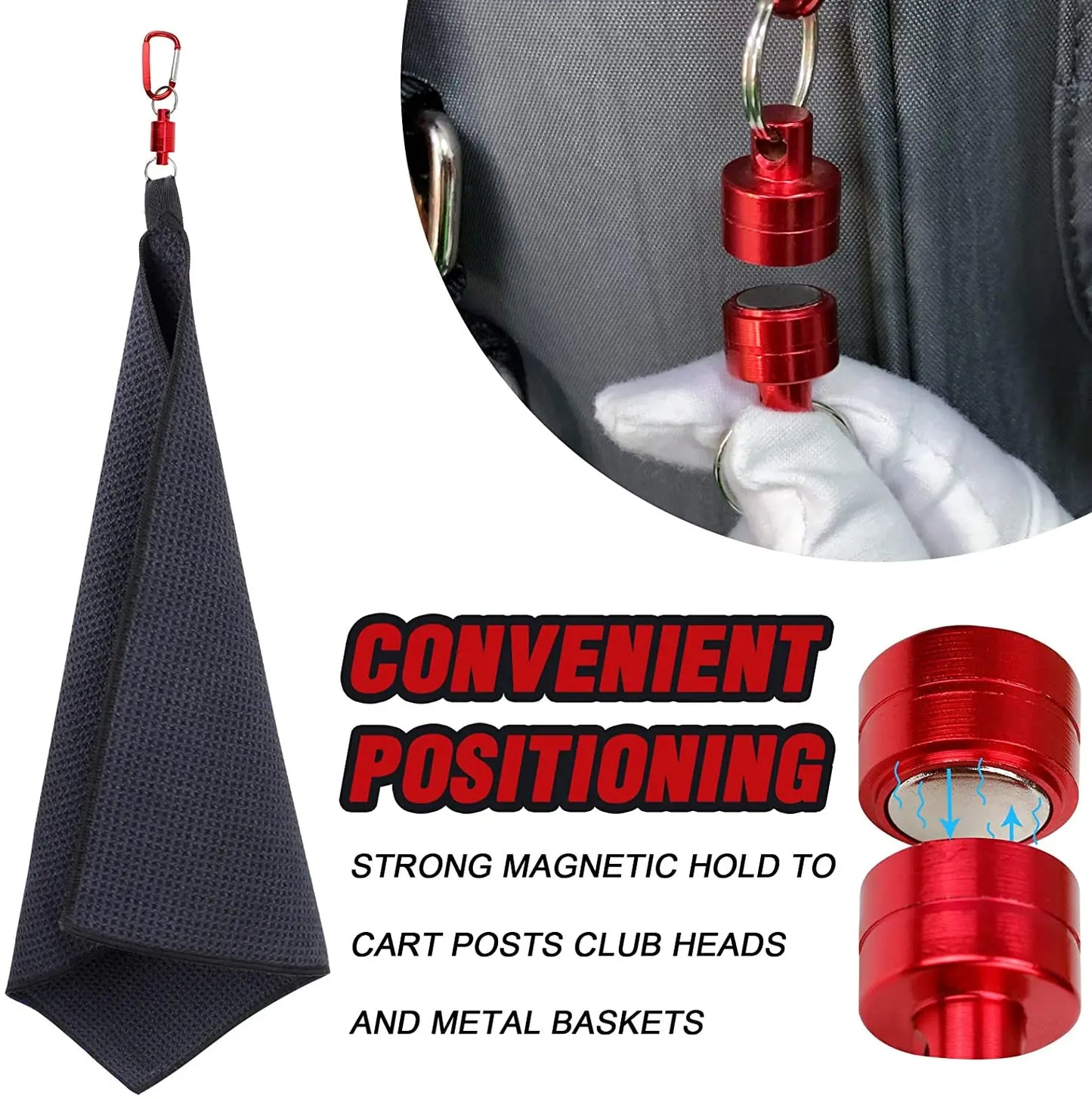 CRESTGOLF 40cm*40cm Waffle Golf Towel with Magnet Clips Hook Soft & Durable Cleaning Golf Ball Towels Black Supplies