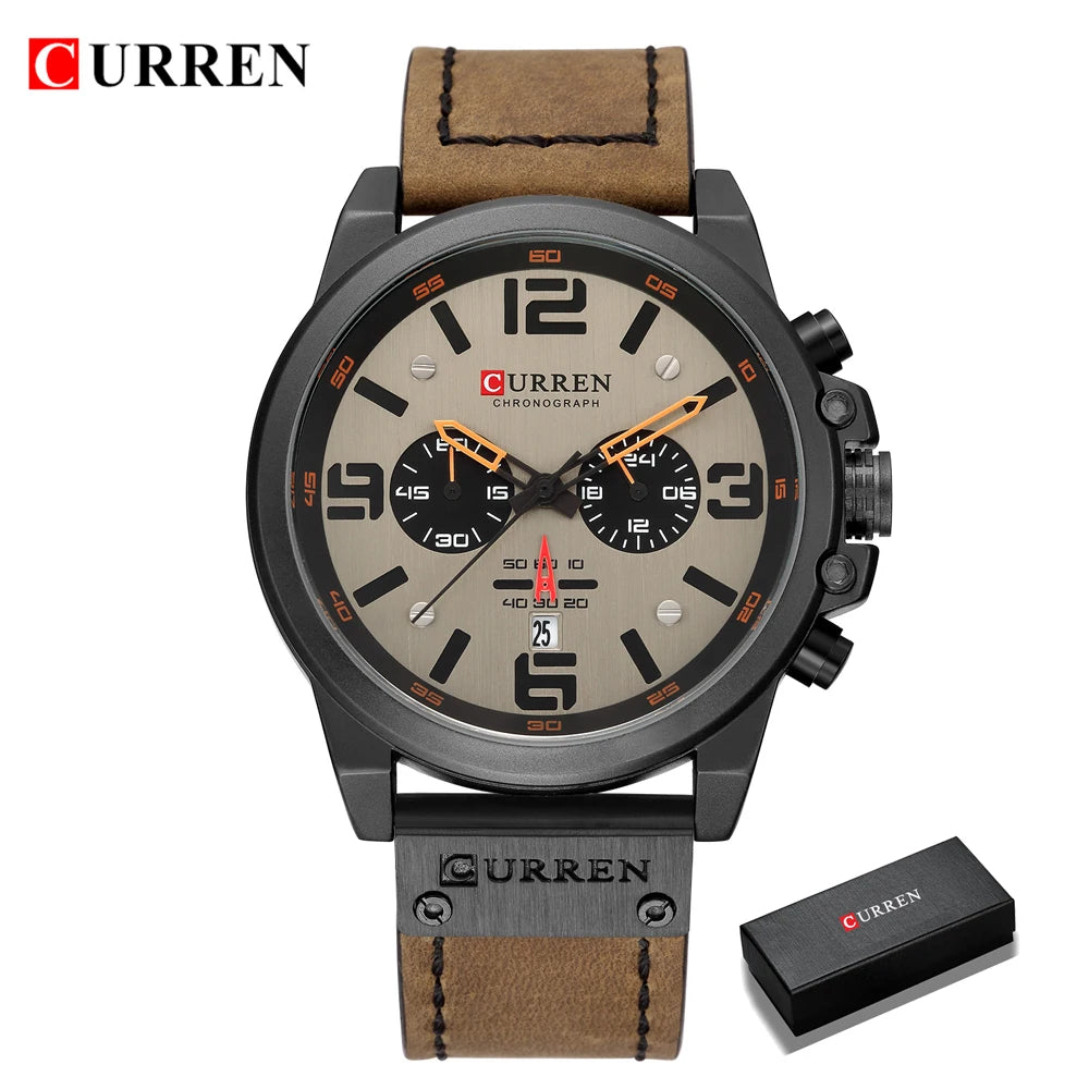 Mens Waterproof Sport Wrist Watch Genuine Leather