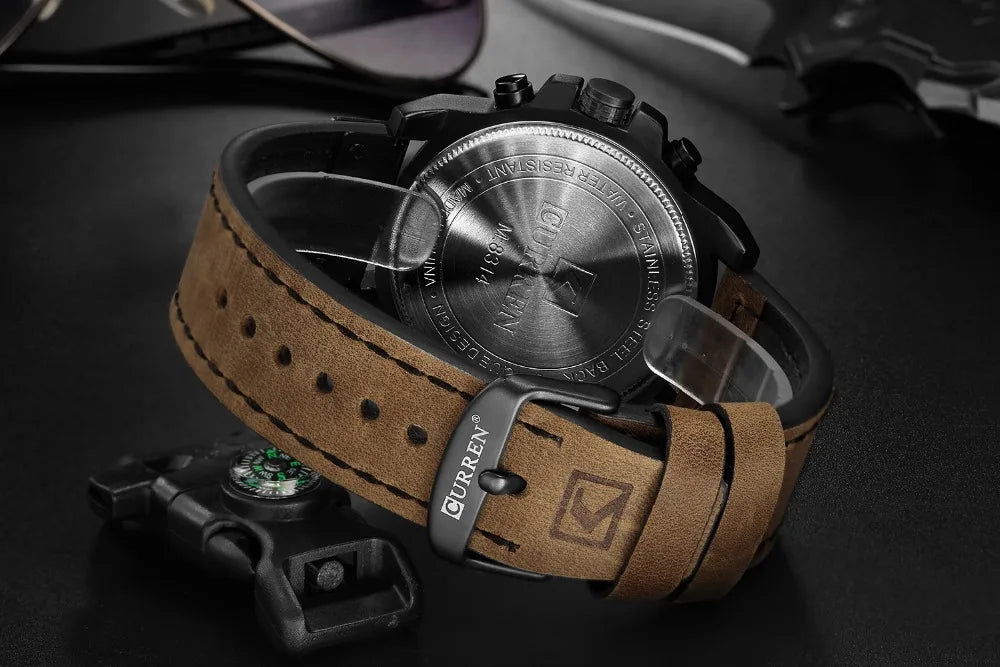 Mens Waterproof Sport Wrist Watch Genuine Leather