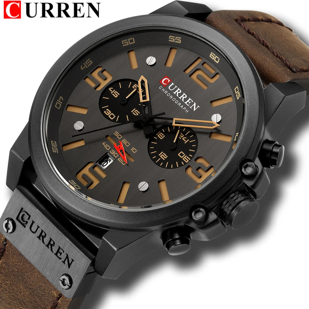 Mens Waterproof Sport Wrist Watch Genuine Leather