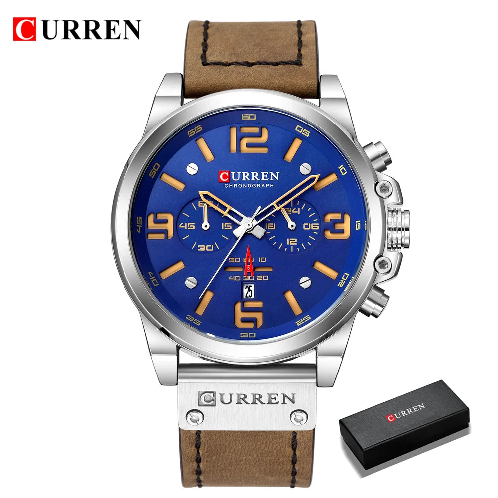 Mens Waterproof Sport Wrist Watch Genuine Leather