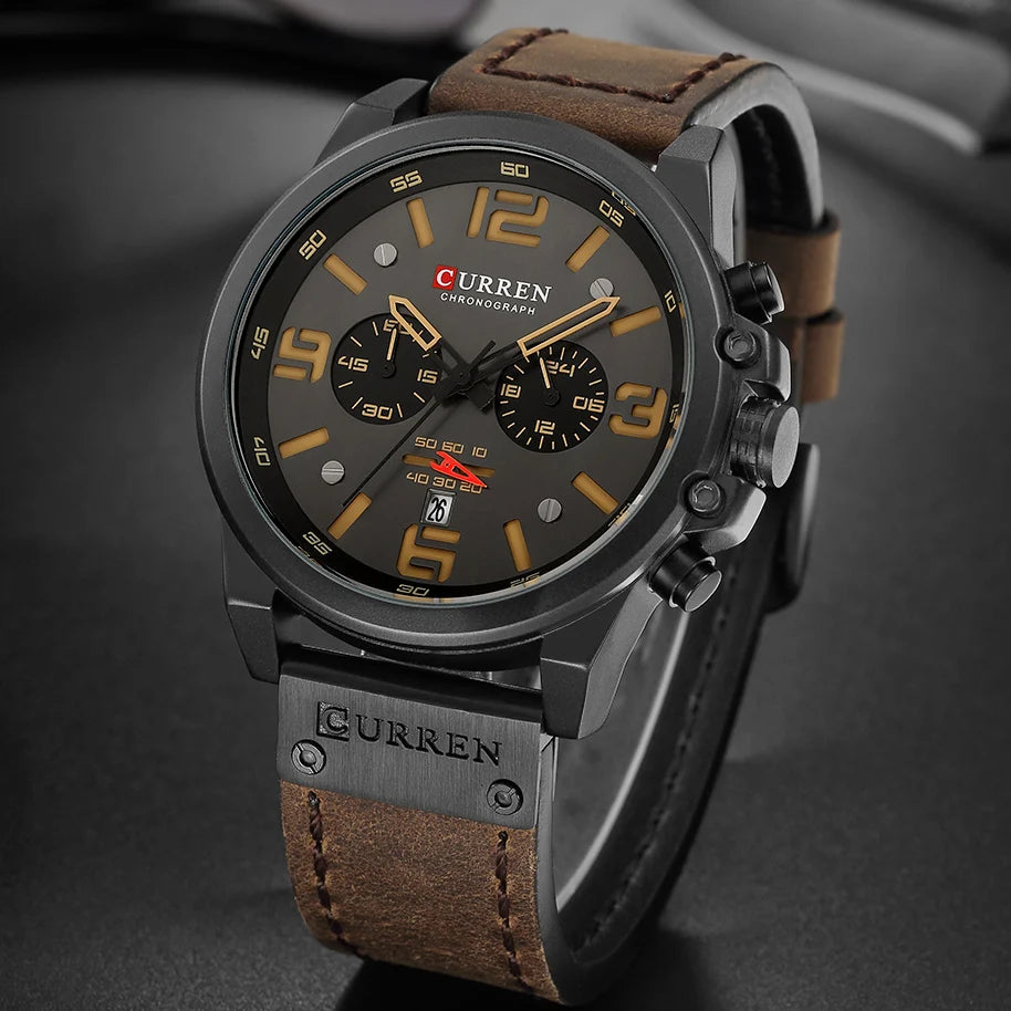 Mens Waterproof Sport Wrist Watch Genuine Leather