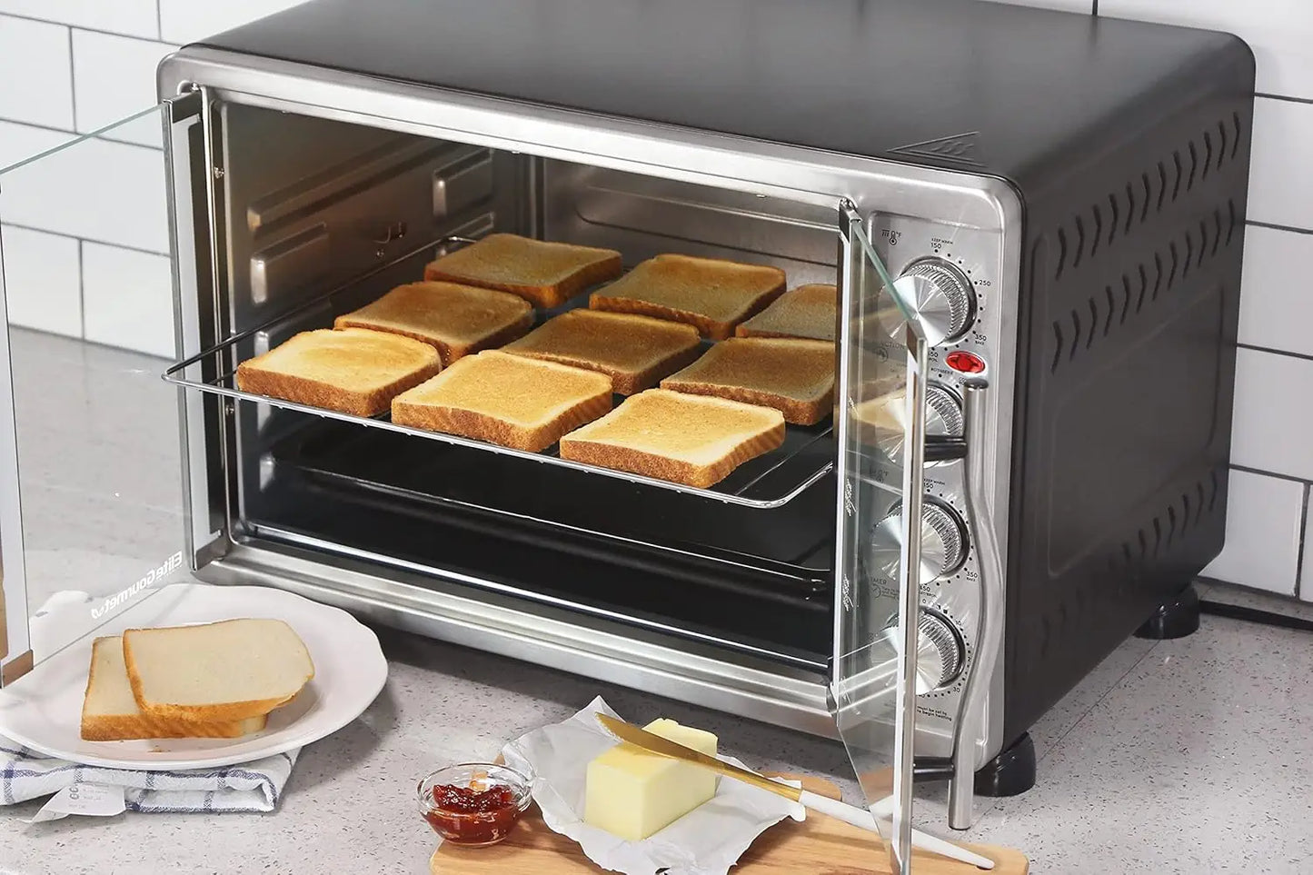 Elite Gourmet -French Door 47.5Qt, 18-Slice Convection Oven 4-Control Knobs, Bake Broil Toast Rotisserie Keep Warm, Inc