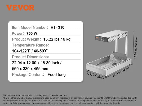 VEVOR French Fry Food Warmer 750/1000W Commercial Food Heating Lamp Countertop 104-122°F for Chip Buffet Kitchen Restaurant