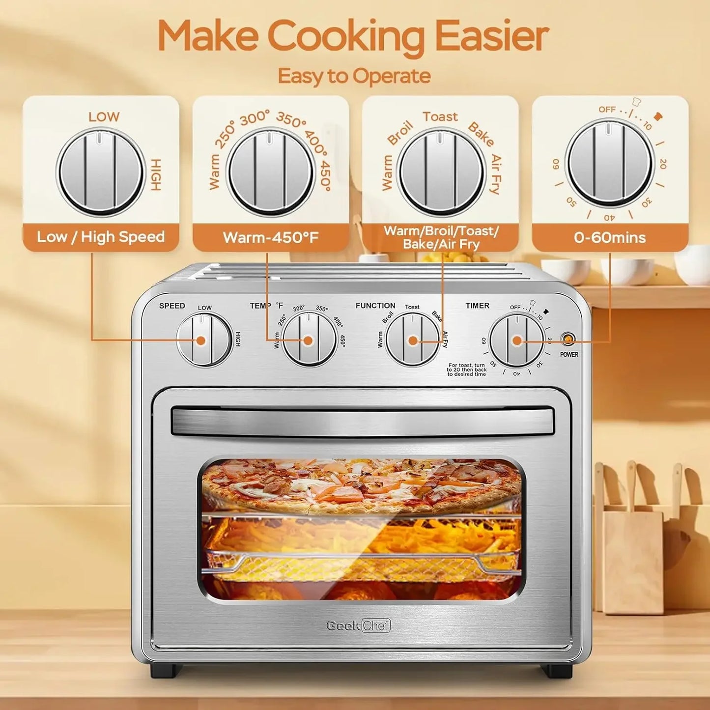 Geek Chef Convection Air Fryer Toaster Oven, 4 Slice Toaster Airfryer Oven, Electric Hot Oven Oilless Cook