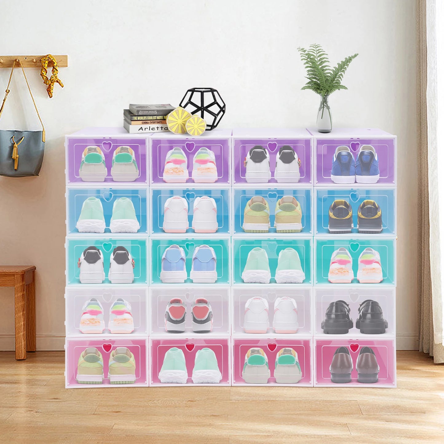 20 stackable flip style shoe boxes with colored squares cabinets