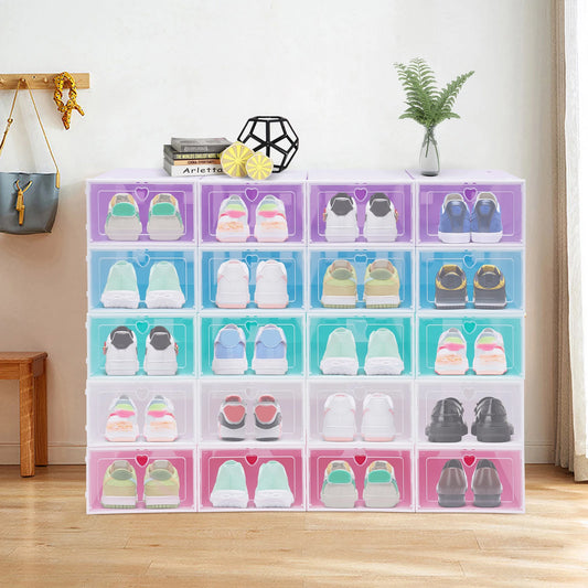 20 stackable flip style shoe boxes with colored squares  cabinets
