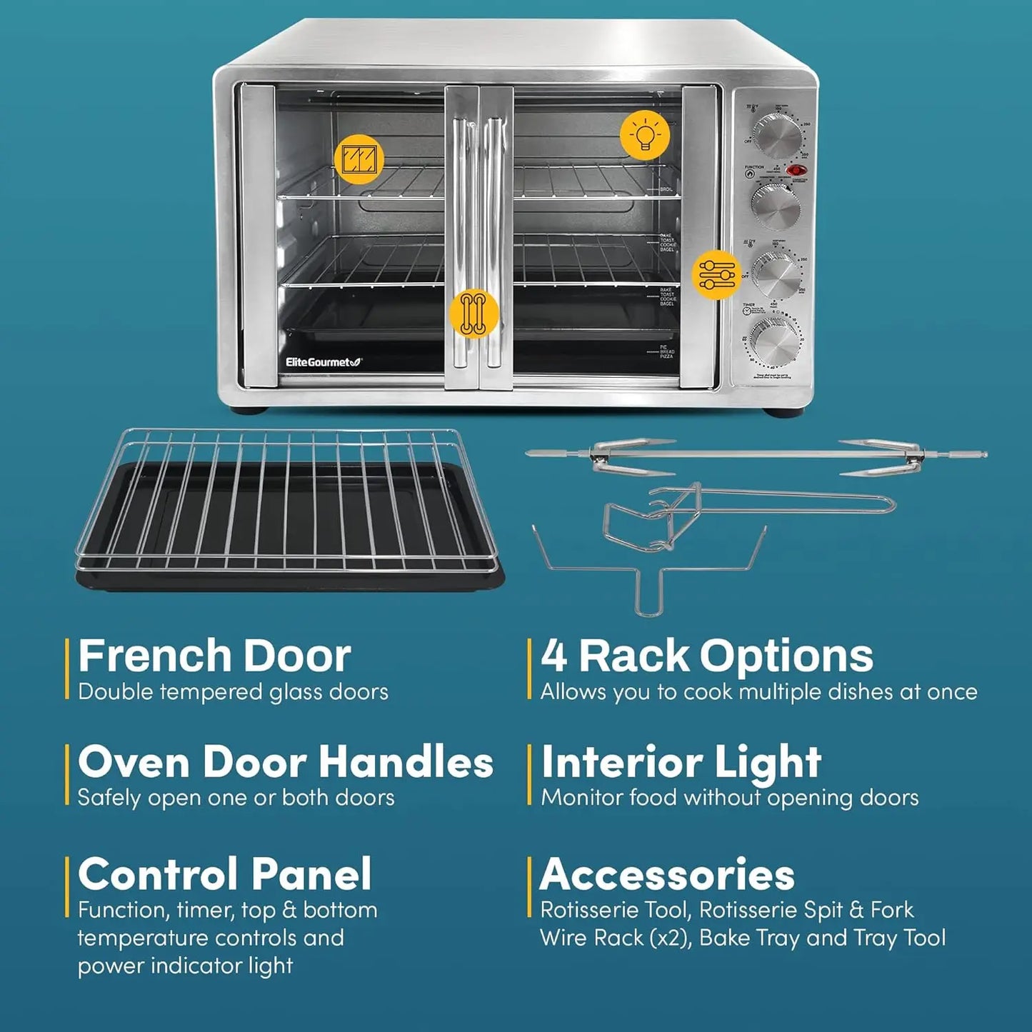 Elite Gourmet -French Door 47.5Qt, 18-Slice Convection Oven 4-Control Knobs, Bake Broil Toast Rotisserie Keep Warm, Inc