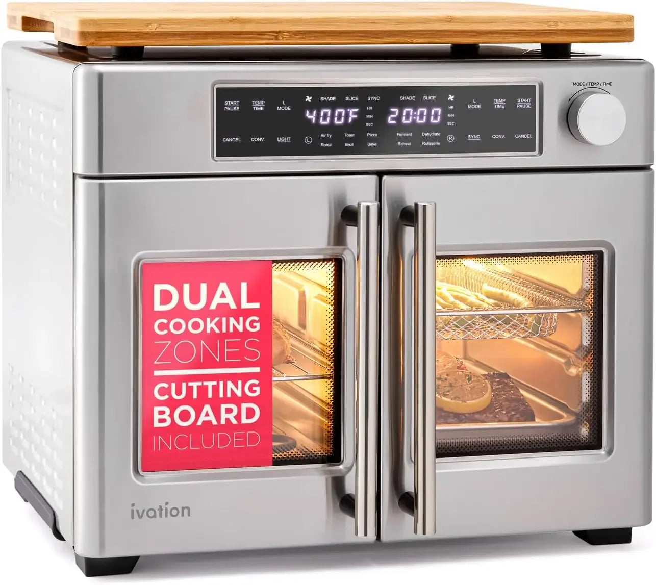 Dual Zone Air Fryer French Door Oven 32 Qt Convection Toaster Combo 10-in-1 Up to 450° 1800W Temperature C