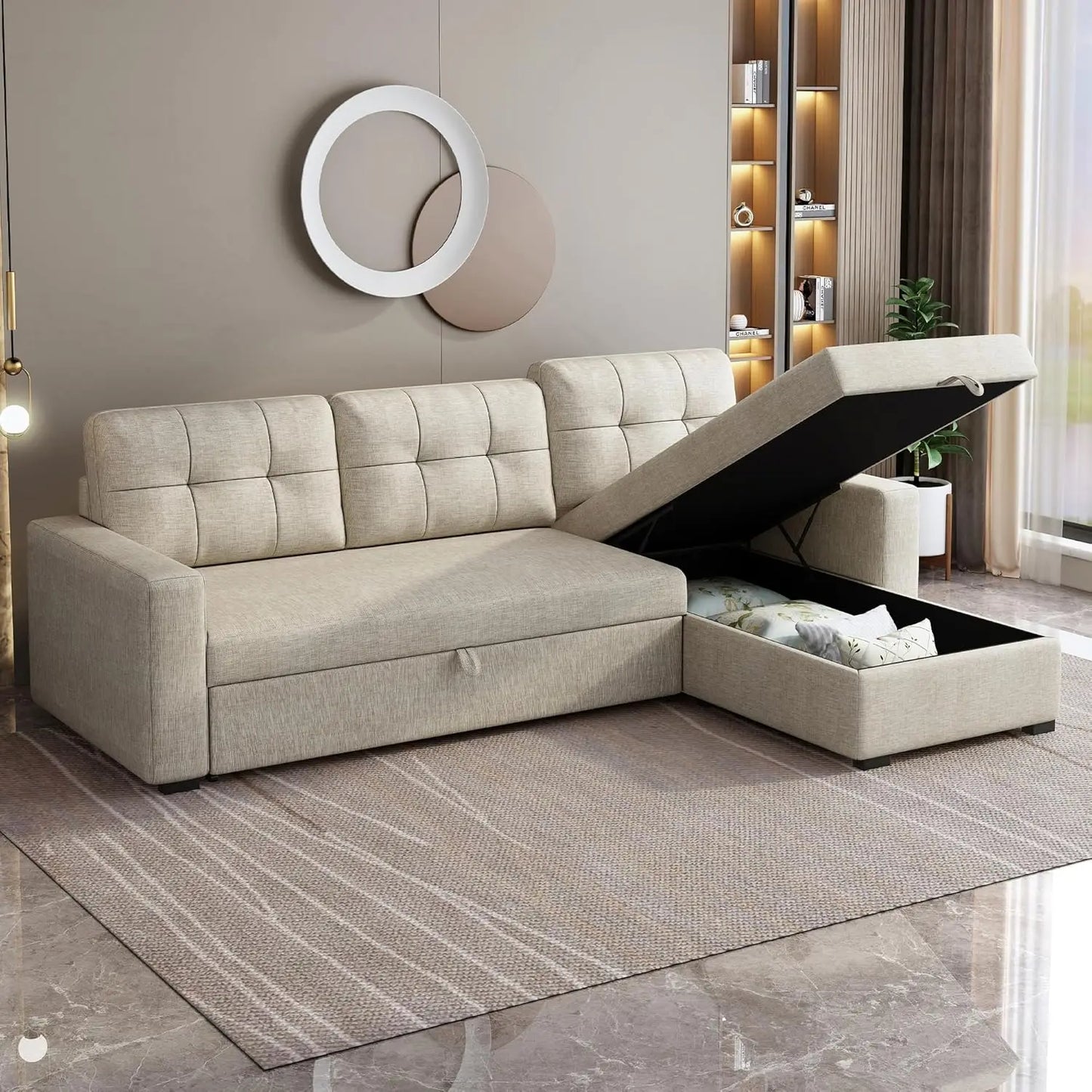 Sleeper Sofa with Storage Chaise, L Shaped Pull Out Couch Bed