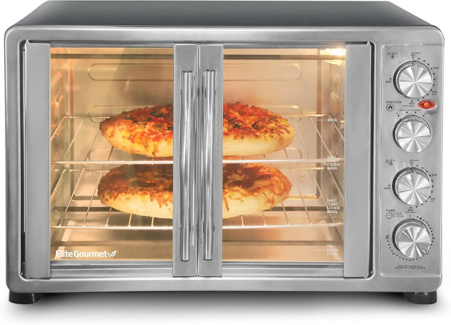 Elite Gourmet -French Door 47.5Qt, 18-Slice Convection Oven 4-Control Knobs, Bake Broil Toast Rotisserie Keep Warm, Inc