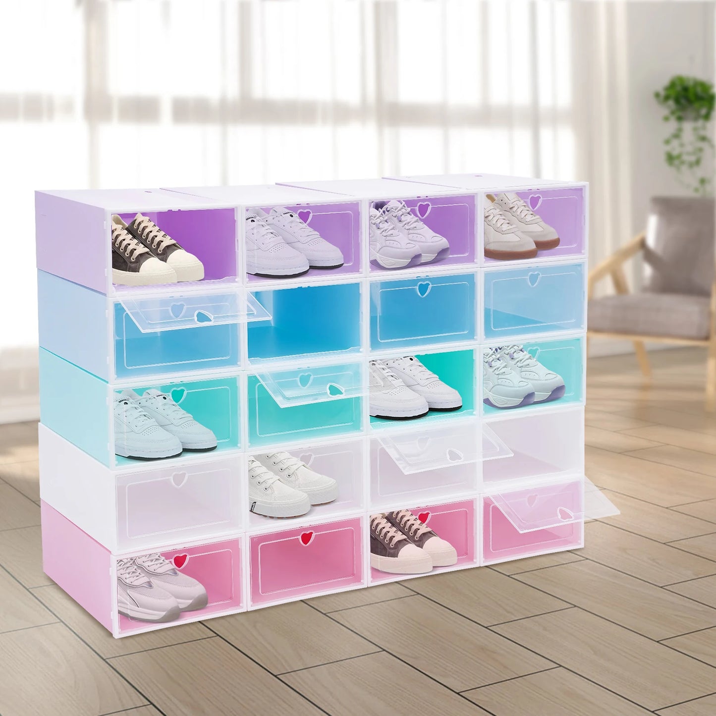 20 stackable flip style shoe boxes with colored squares cabinets