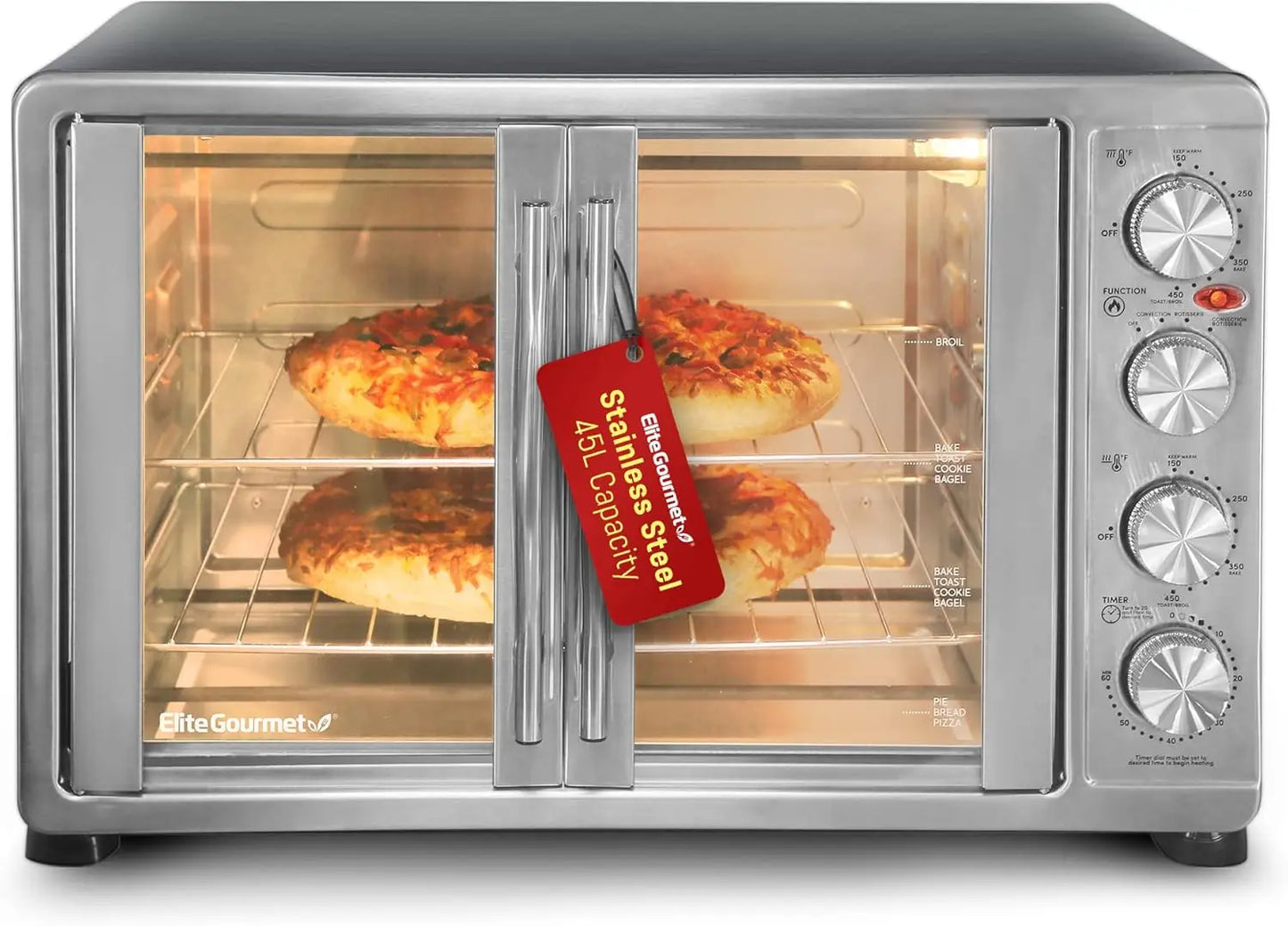 Elite Gourmet -French Door 47.5Qt, 18-Slice Convection Oven 4-Control Knobs, Bake Broil Toast Rotisserie Keep Warm, Inc