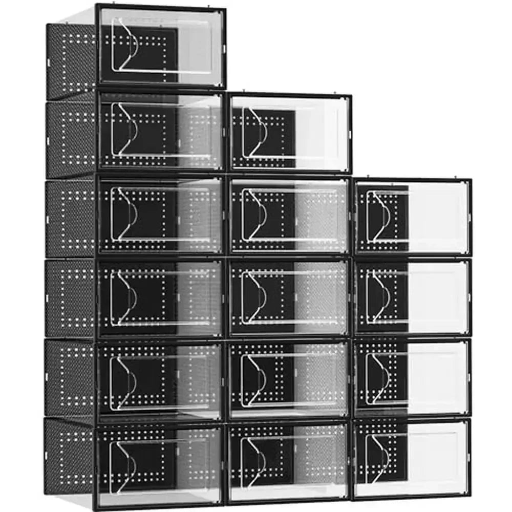 15-Pack Clear Stackable Shoe Storage Box Organizer Container Bins Closet Interlocking Design Sneakers Foldable Space Saving