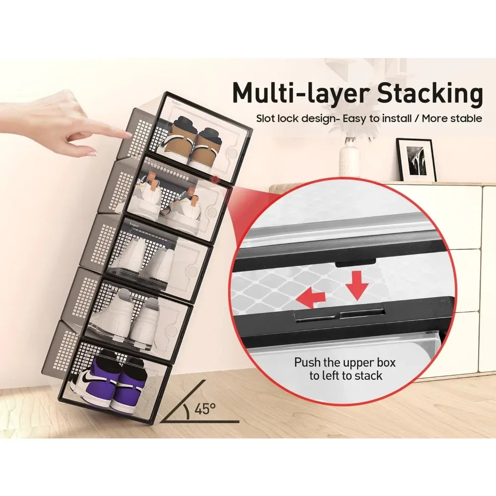Shoe Storage Box Organizer Closet 12-pack,fits Size 11,clear Plastic Stackable Sneaker Container Entrance,space Saving Shoe Rack