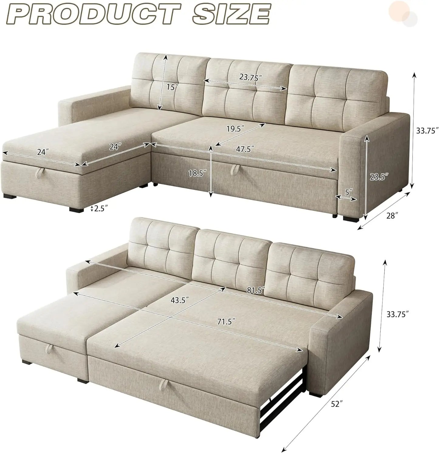 Sleeper Sofa with Storage Chaise, L Shaped Pull Out Couch Bed