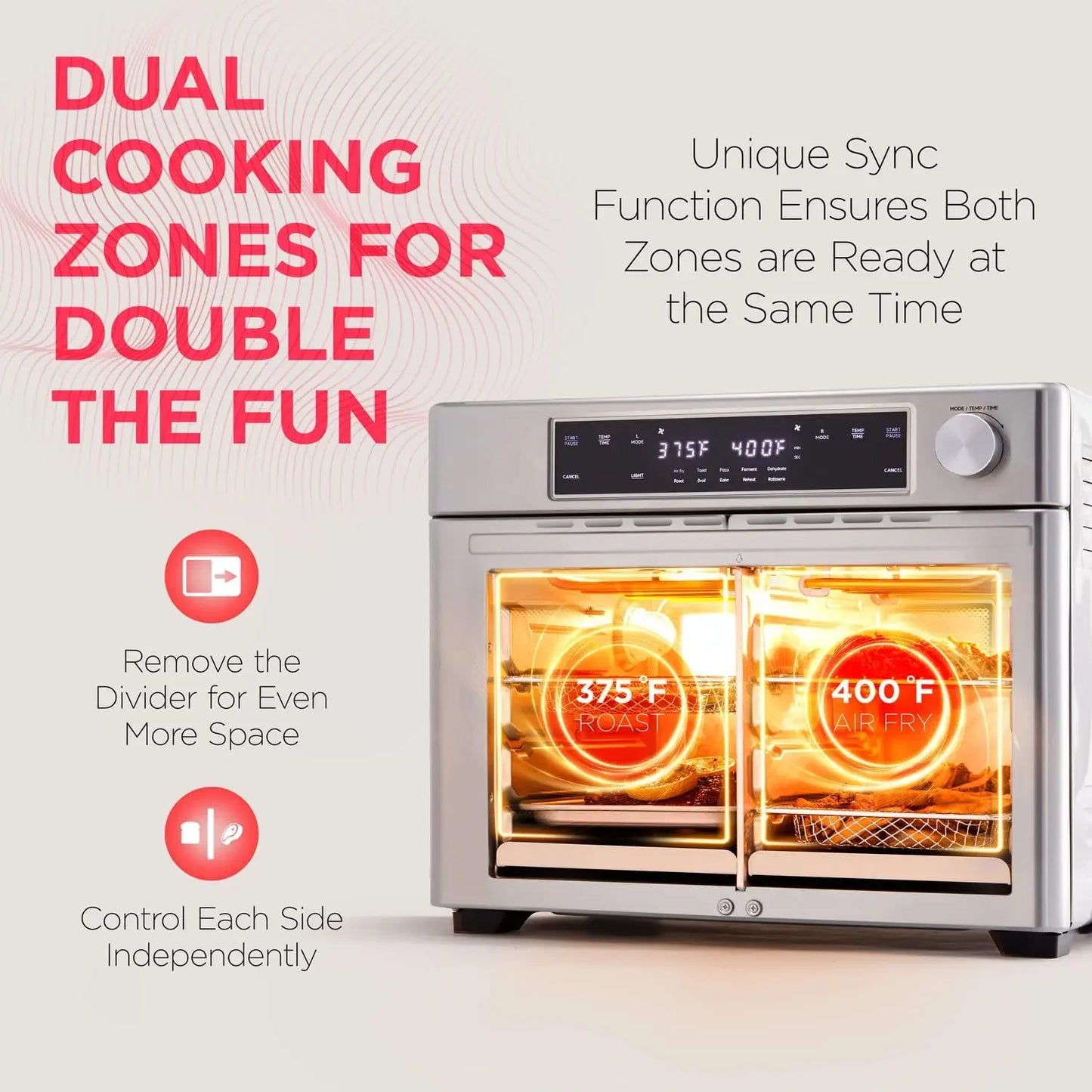 Dual Zone Air Fryer French Door Oven 32 Qt Convection Toaster Combo 10-in-1 Up to 450° 1800W Temperature C