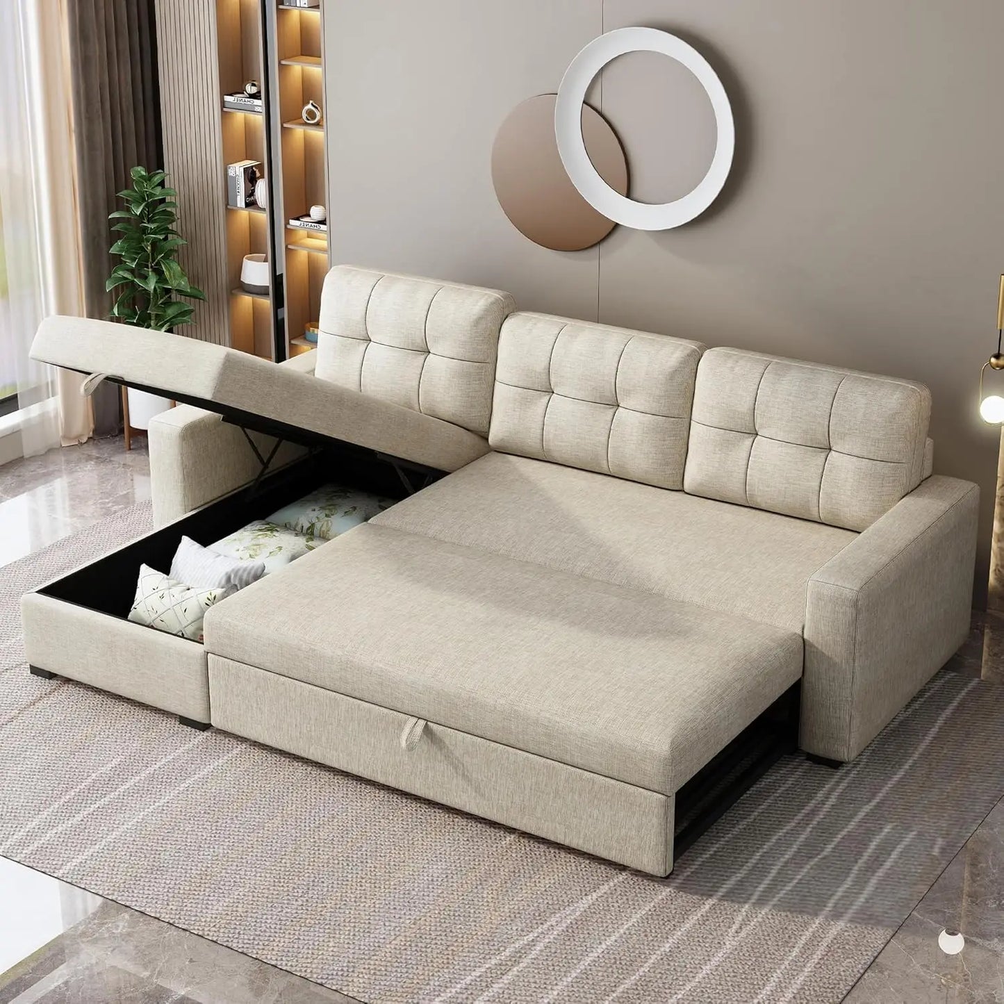 Sleeper Sofa with Storage Chaise, L Shaped Pull Out Couch Bed