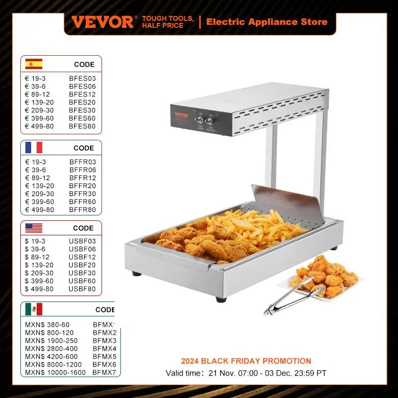 VEVOR French Fry Food Warmer 750/1000W Commercial Food Heating Lamp Countertop 104-122°F for Chip Buffet Kitchen Restaurant