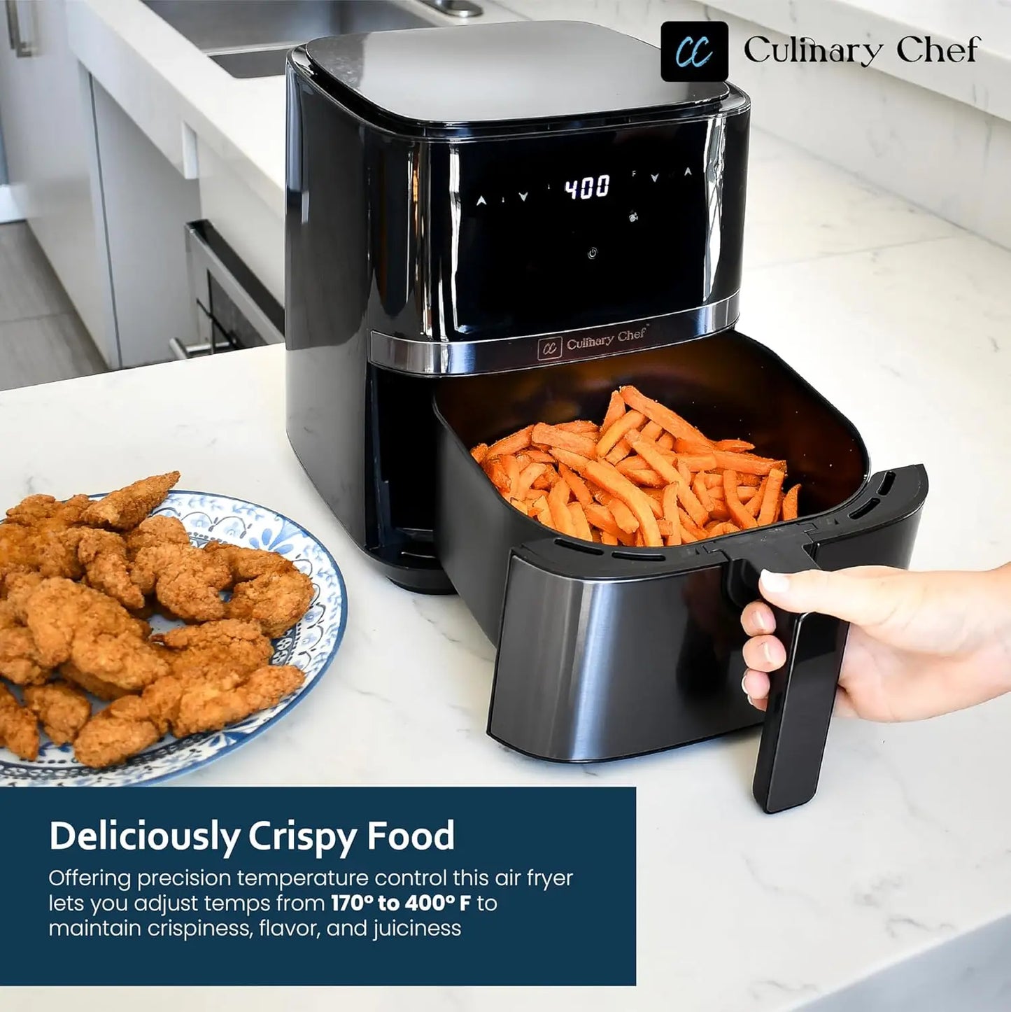 5.8-Quart Electric Air Fryer, Adjustable Temperature, Touch Panel Control, One-Touch Cook Functions, and 360° Rapid Cooking, 135