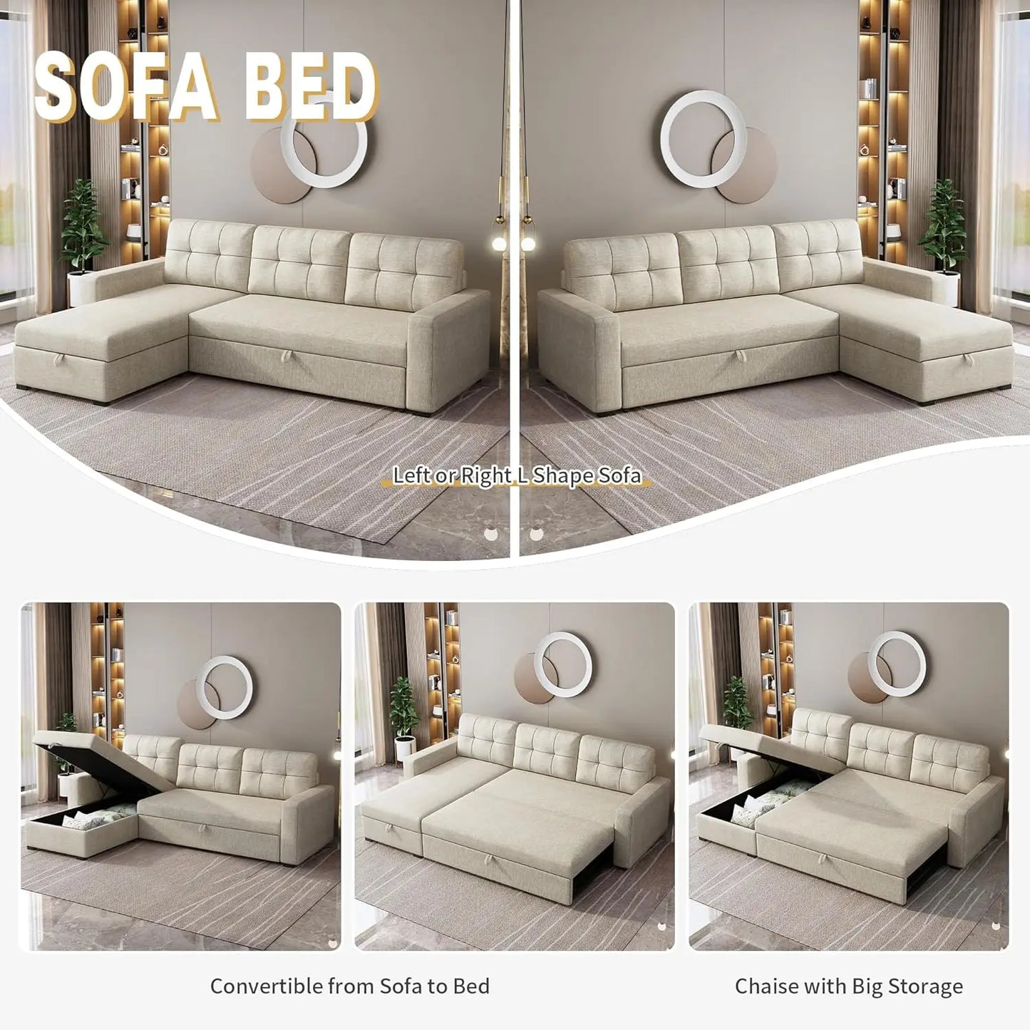 Sleeper Sofa with Storage Chaise, L Shaped Pull Out Couch Bed
