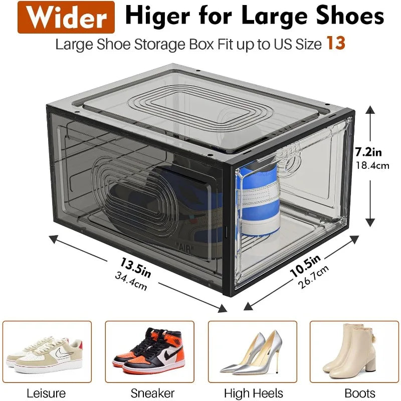 6 Pack Thicken Shoe Organizer Stackable,Upgraded Sturdy Shoe Storage Box with Magnetic Door,Shoe Containers