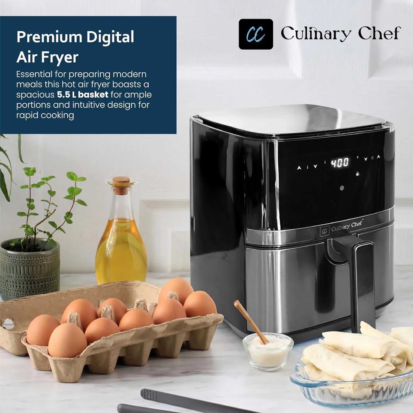 5.8-Quart Electric Air Fryer, Adjustable Temperature, Touch Panel Control, One-Touch Cook Functions, and 360° Rapid Cooking, 135