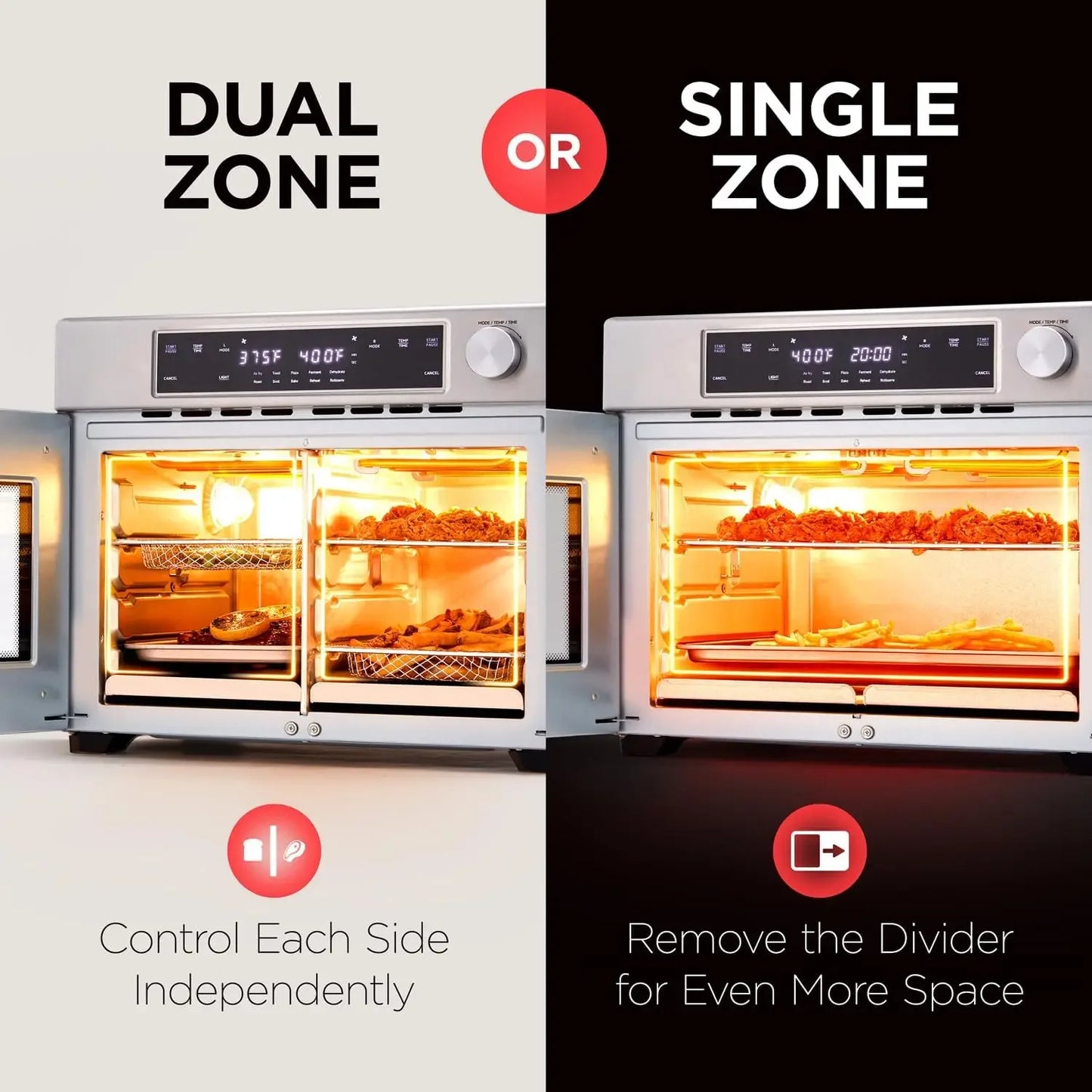 Dual Zone Air Fryer French Door Oven 32 Qt Convection Toaster Combo 10-in-1 Up to 450° 1800W Temperature C