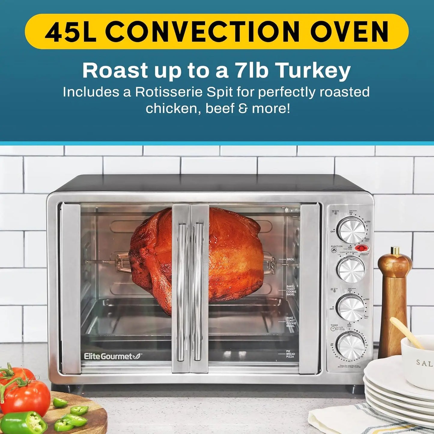 Elite Gourmet -French Door 47.5Qt, 18-Slice Convection Oven 4-Control Knobs, Bake Broil Toast Rotisserie Keep Warm, Inc