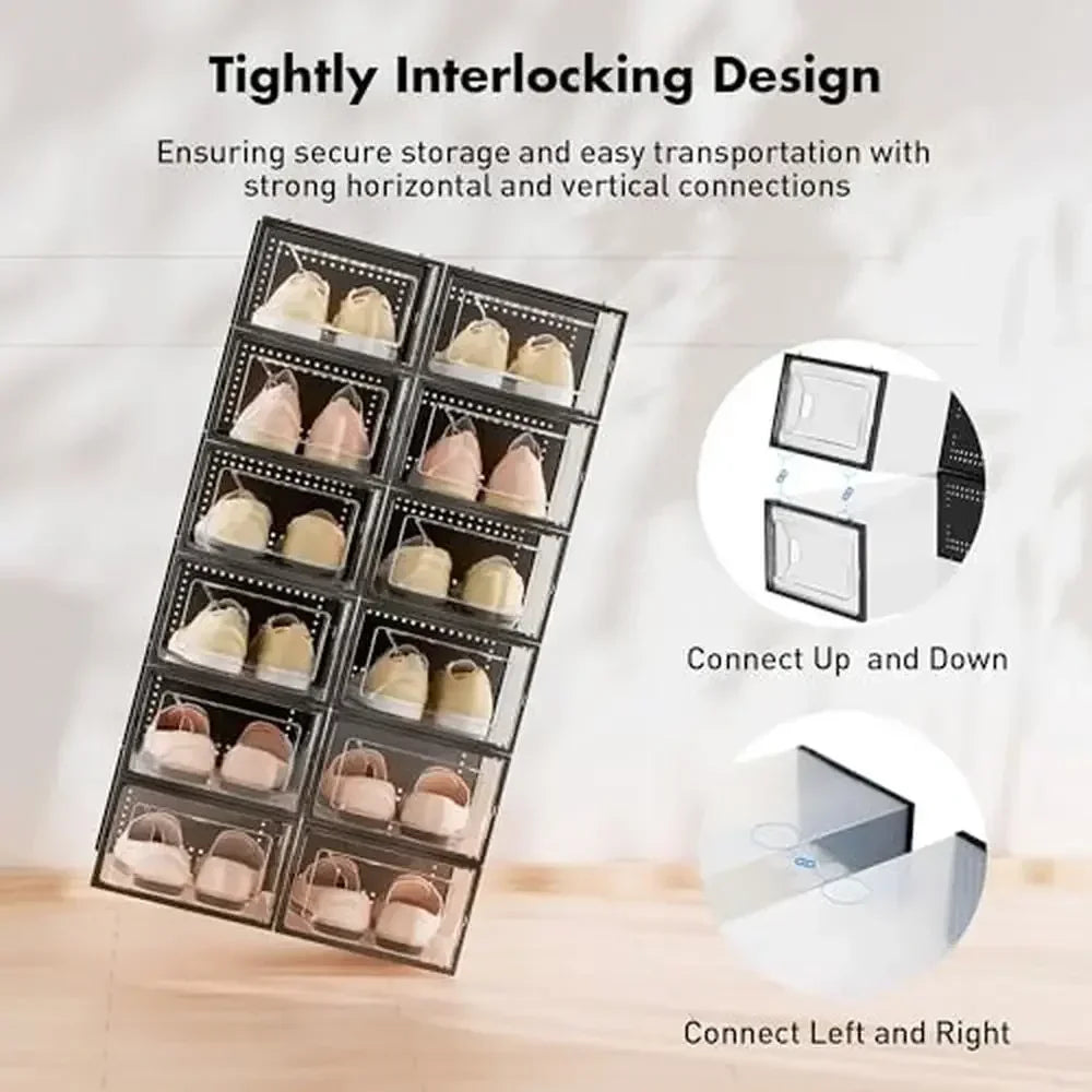15-Pack Clear Stackable Shoe Storage Box Organizer Container Bins Closet Interlocking Design Sneakers Foldable Space Saving