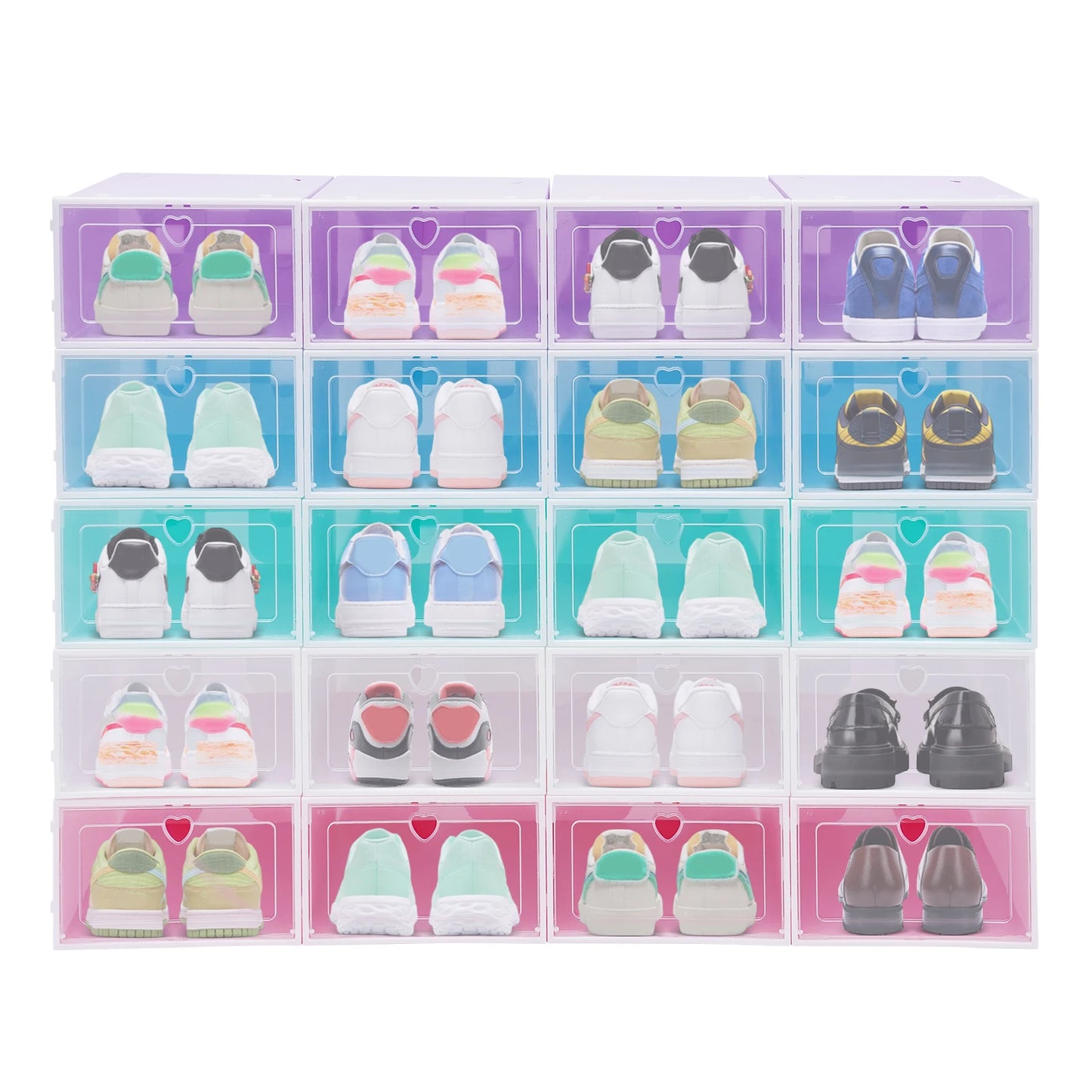 20 stackable flip style shoe boxes with colored squares cabinets