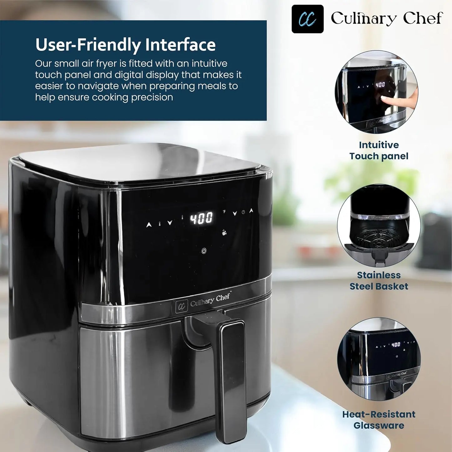 5.8-Quart Electric Air Fryer, Adjustable Temperature, Touch Panel Control, One-Touch Cook Functions, and 360° Rapid Cooking, 135