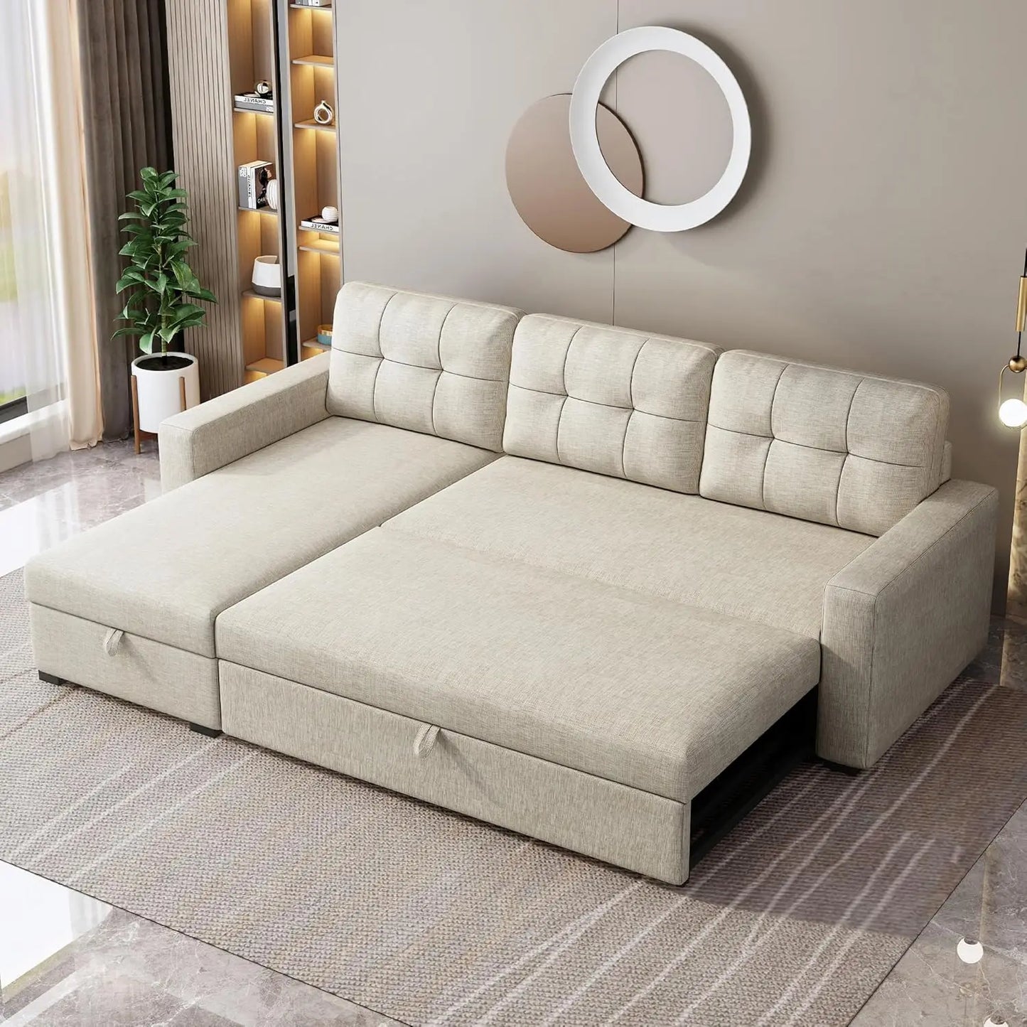 Sleeper Sofa with Storage Chaise, L Shaped Pull Out Couch Bed