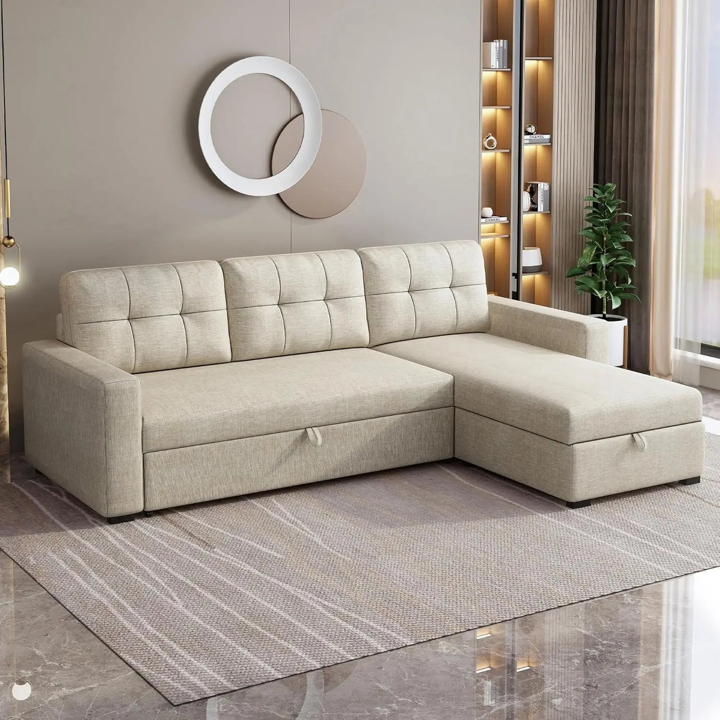 Sleeper Sofa with Storage Chaise, L Shaped Pull Out Couch Bed