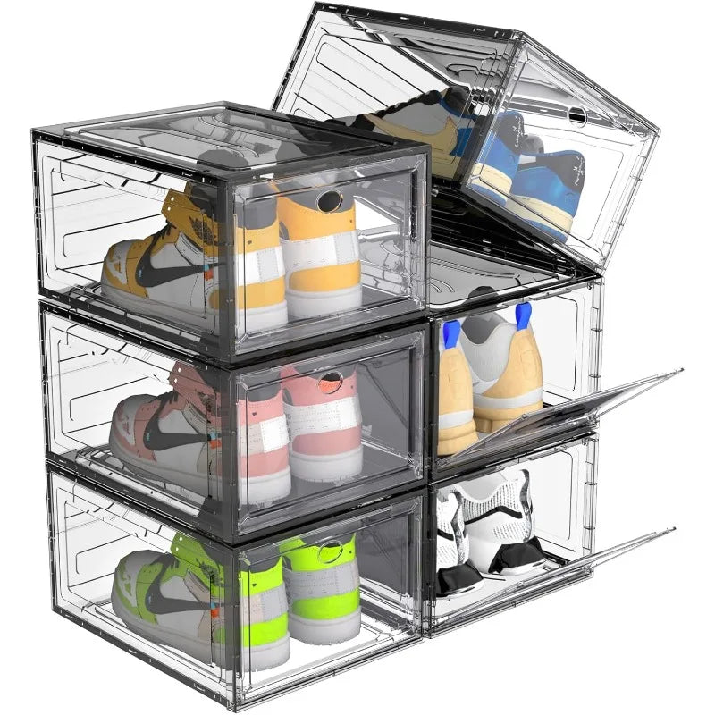 6 Pack Thicken Shoe Organizer Stackable,Upgraded Sturdy Shoe Storage Box with Magnetic Door,Shoe Containers