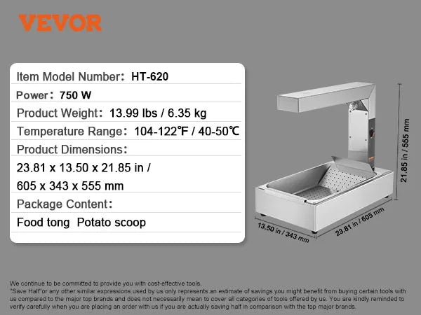 VEVOR French Fry Food Warmer 750/1000W Commercial Food Heating Lamp Countertop 104-122°F for Chip Buffet Kitchen Restaurant
