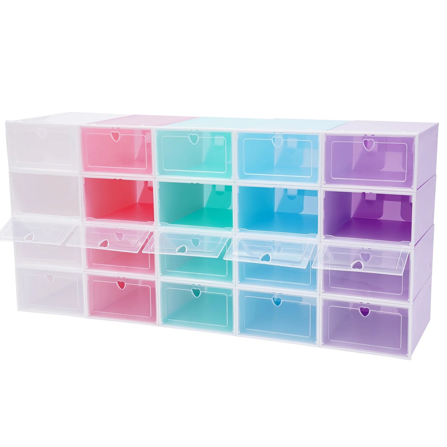 20 stackable flip style shoe boxes with colored squares cabinets