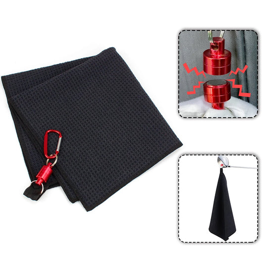 CRESTGOLF 40cm*40cm Waffle Golf Towel with Magnet Clips Hook Soft & Durable Cleaning Golf Ball Towels Black Supplies
